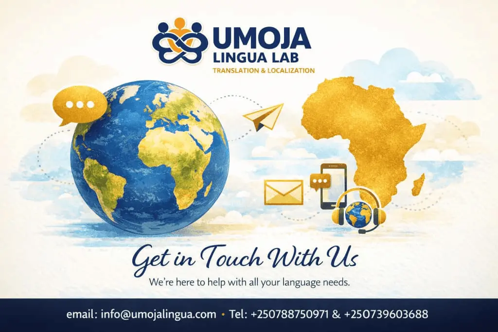 Shows Contact Details for Umoja Lingua Lab - Translation - Localization - Subtitling in East Africa