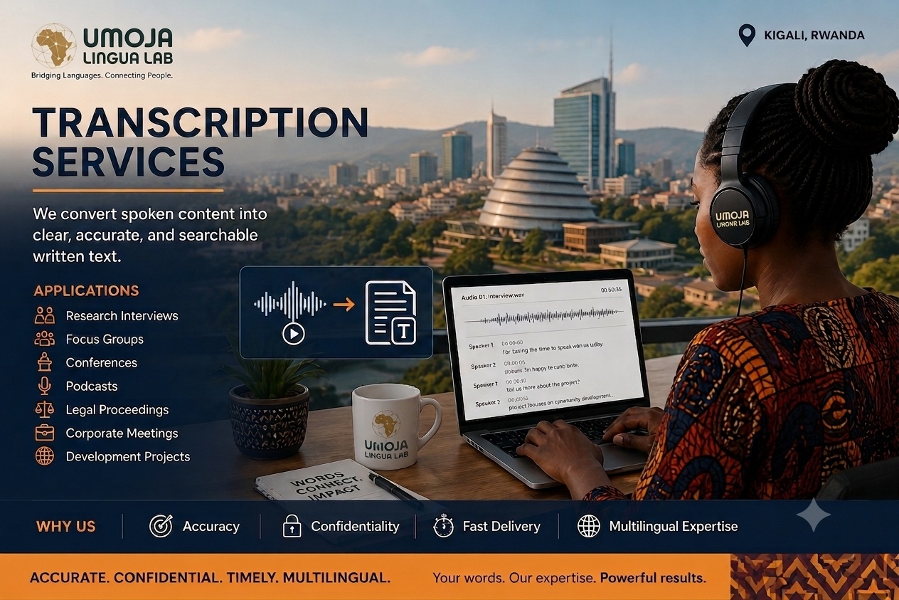 Umoja Lingua Lab provides high-quality transcription services for research, legal, corporate, academic, and NGO sectors. Accurate, confidential, and multilingual speech-to-text solutions tailored to African and global languages.